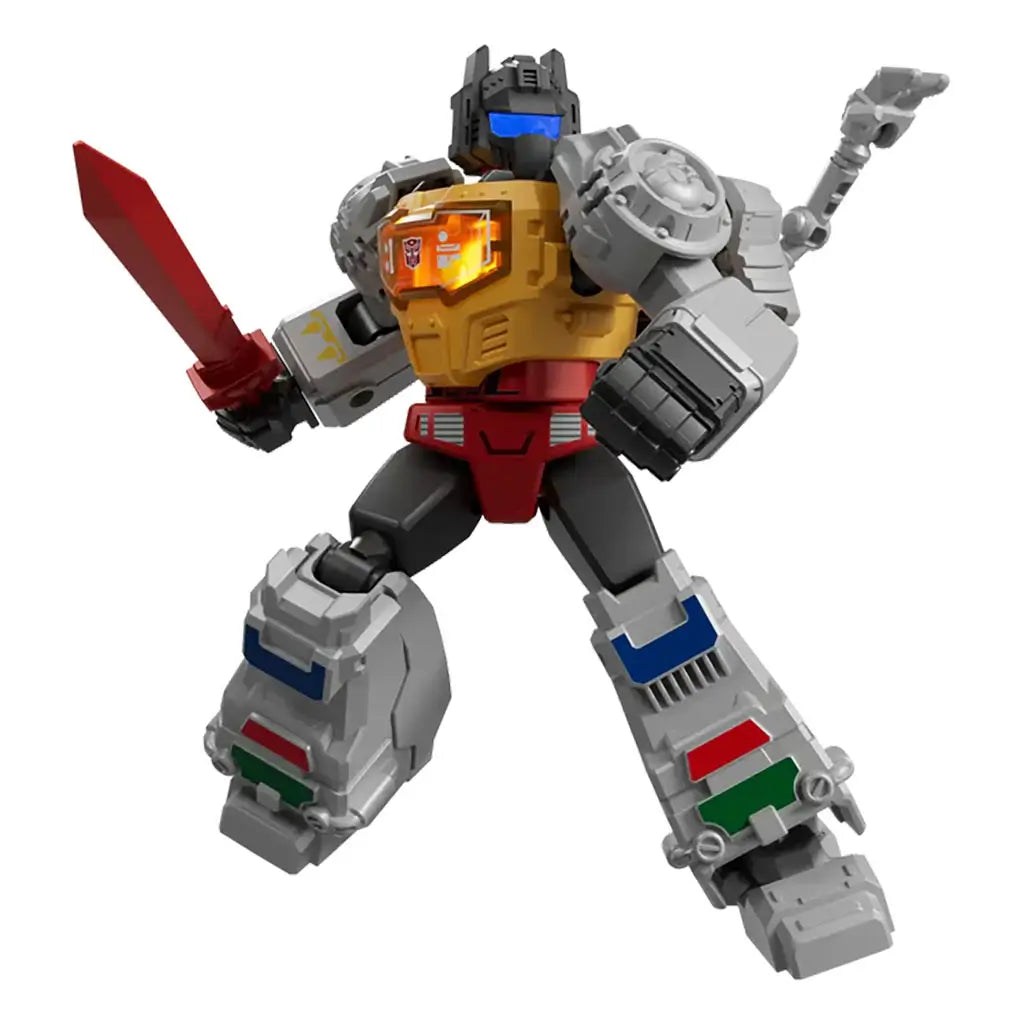 Blokees Transformers Shining 1985 Grimlock toy figure with red sword, gray armor, and golden chestplate in a dynamic pose.