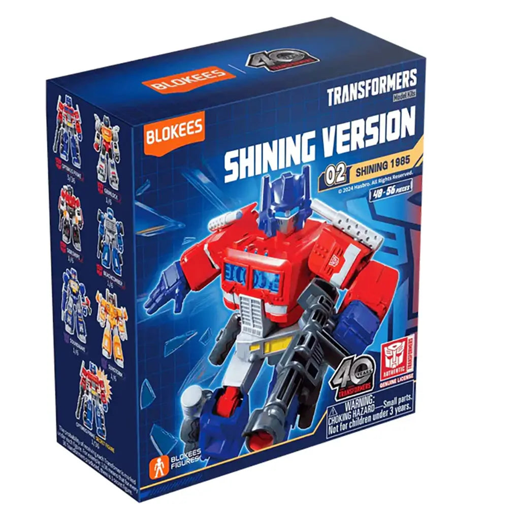 Blokees Transformers Shining Version 1985 packaging box featuring Optimus Prime artwork and Transformers 40th Anniversary branding.