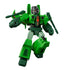 Transformers action figure of Thrust styled in bright green and dark green armor, winged shoulders, and a weapon raised mid-action, showcasing jet-inspired details and dynamic articulation.