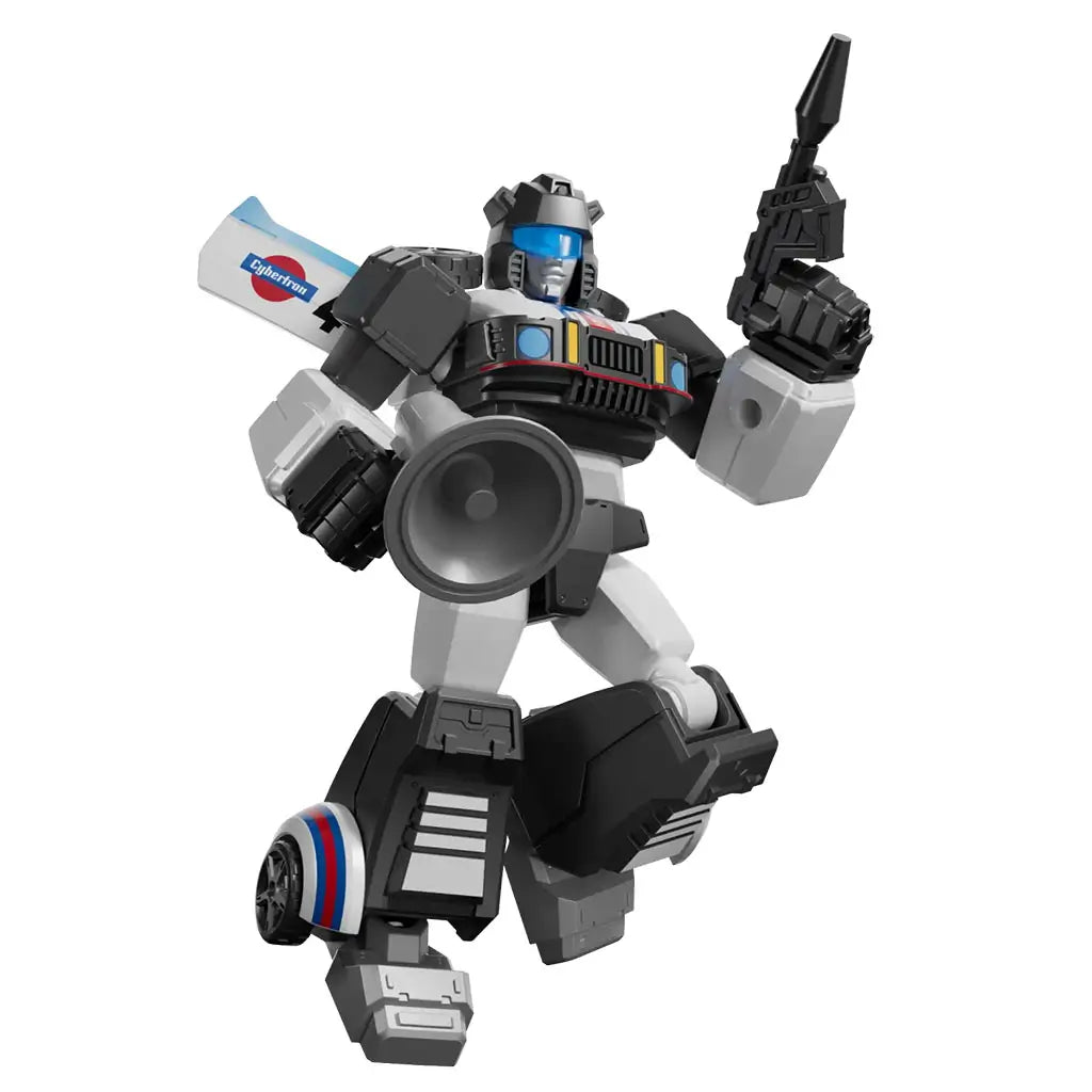 Transformers action figure of Jazz with white and black robotic body, blue visor, detailed speaker chest, and an arm raised in a dynamic pose holding a futuristic blaster weapon.
