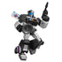 Transformers action figure of Jazz with white and black robotic body, blue visor, detailed speaker chest, and an arm raised in a dynamic pose holding a futuristic blaster weapon.