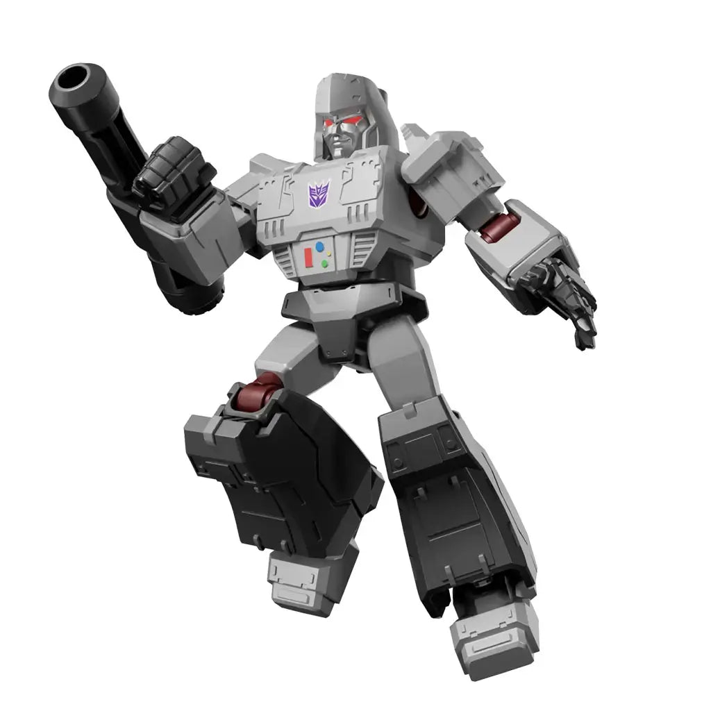 Transformers figure of Megatron featuring gray and black armor, red accents, and fusion cannon arm attachment, posed assertively with a menacing expression symbolizing leadership of Decepticons.