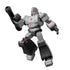 Transformers figure of Megatron featuring gray and black armor, red accents, and fusion cannon arm attachment, posed assertively with a menacing expression symbolizing leadership of Decepticons.