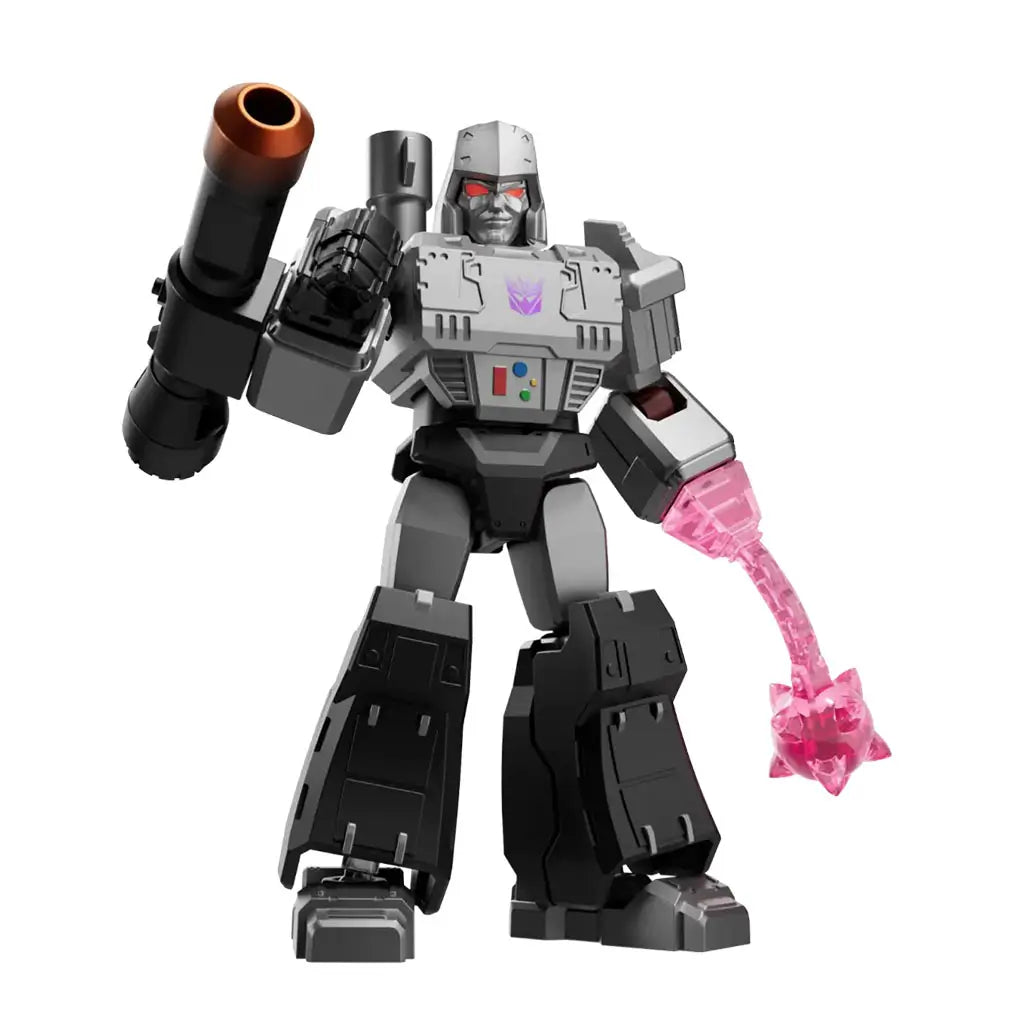 Transformers Megatron toy variant with gray and black armor, purple insignia, and translucent pink energy mace weapon, posed dynamically showcasing the villain’s iconic battle form.