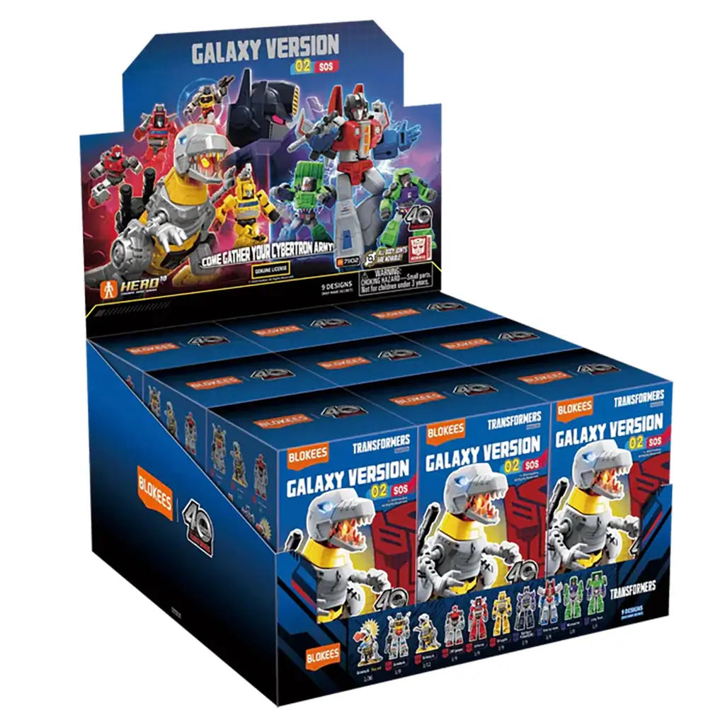 Blokees Transformers Galaxy Version 02 SOS retail display box showcasing multiple collectible blind boxes with illustrated Transformers robots on a dark blue and red background.