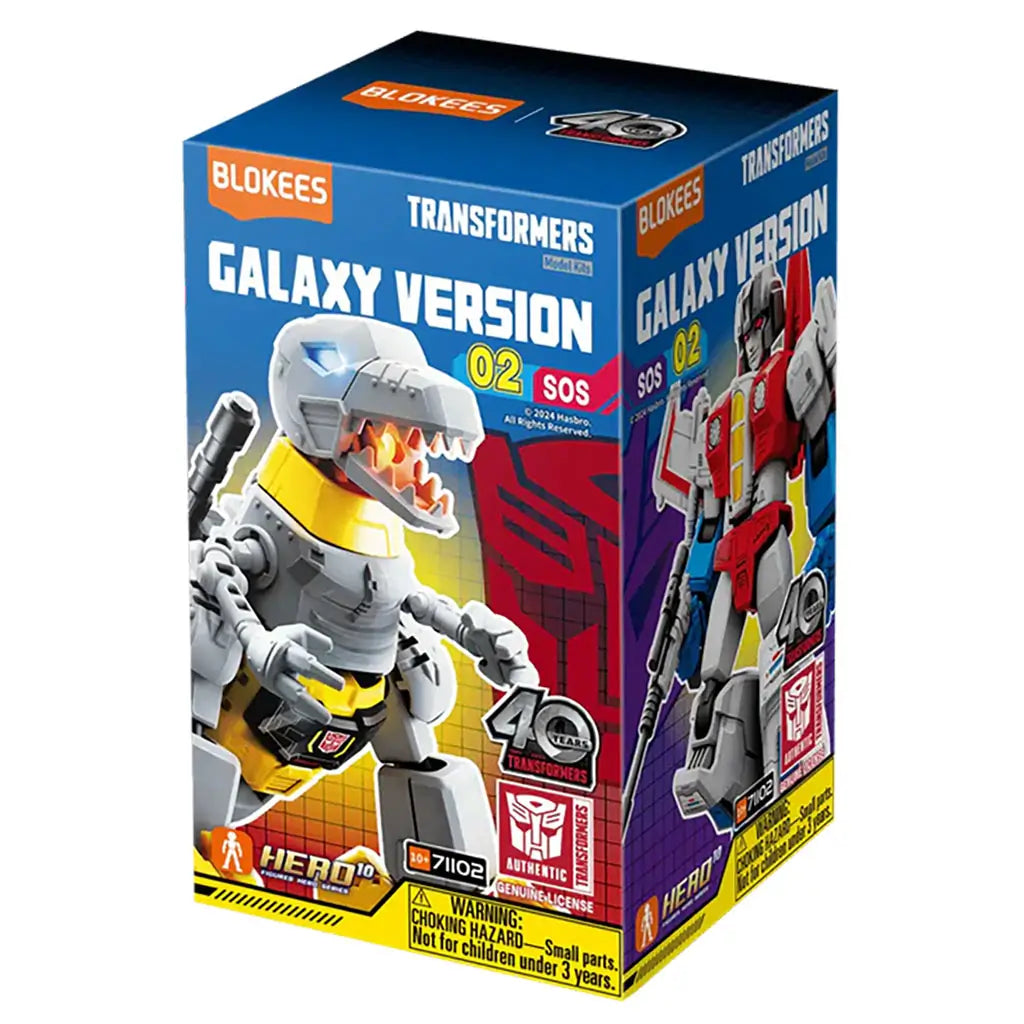 Blokees Transformers Galaxy Version 02 SOS single box packaging showing a gray dinosaur robot with gold accents and orange fire breath, part of the Transformers 40th anniversary collection.
