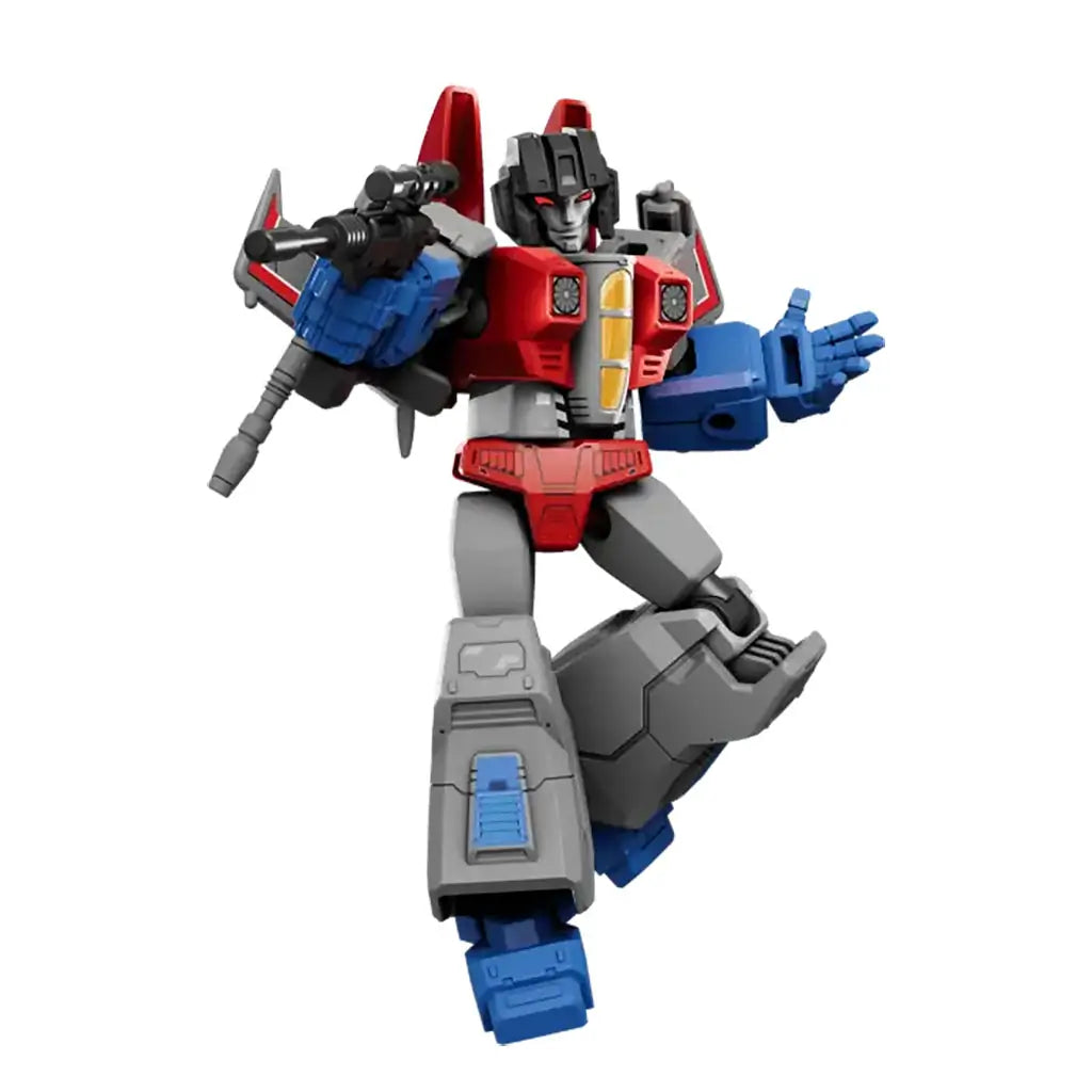 Red, gray, and blue Blokees Transformers action figure posed dynamically with wing-like extensions and weapon, designed with detailed armor and mechanical textures.