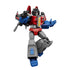 Red, gray, and blue Blokees Transformers action figure posed dynamically with wing-like extensions and weapon, designed with detailed armor and mechanical textures.