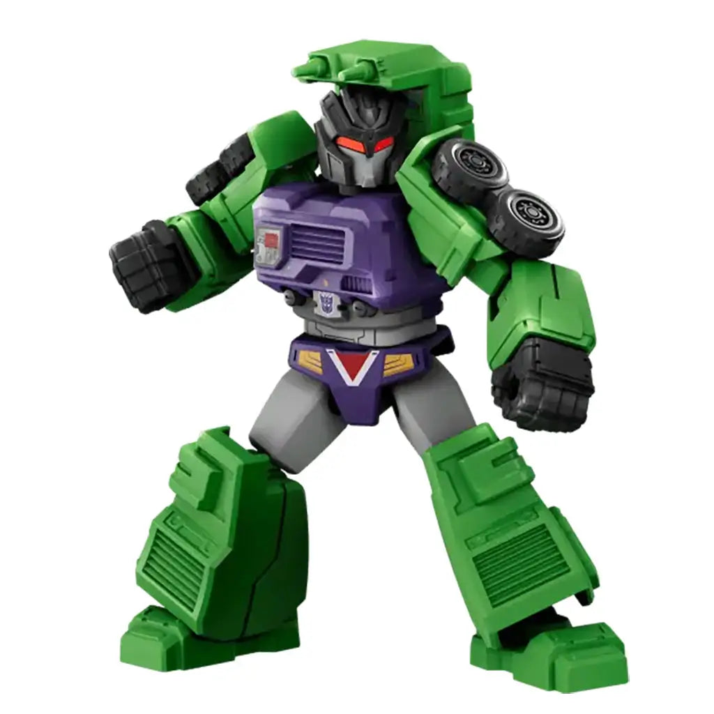 Green and purple Blokees Transformers figure with a rugged, muscular design and mechanical detailing, posed ready for combat with clenched fists and red eyes.