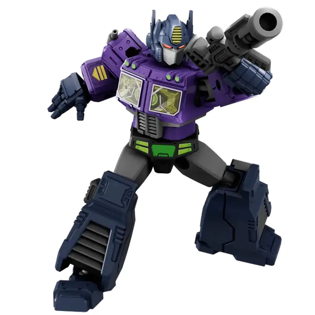 Purple, black, and gray Blokees Transformers figure holding a large blaster weapon, featuring angular mechanical armor and red eyes in a combat-ready pose.