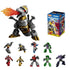 Blokees Transformers Galaxy Version 02 SOS collectible figures featuring robot characters in metallic gray, red, green, and yellow with a fire-breathing dinosaur robot and themed packaging box.