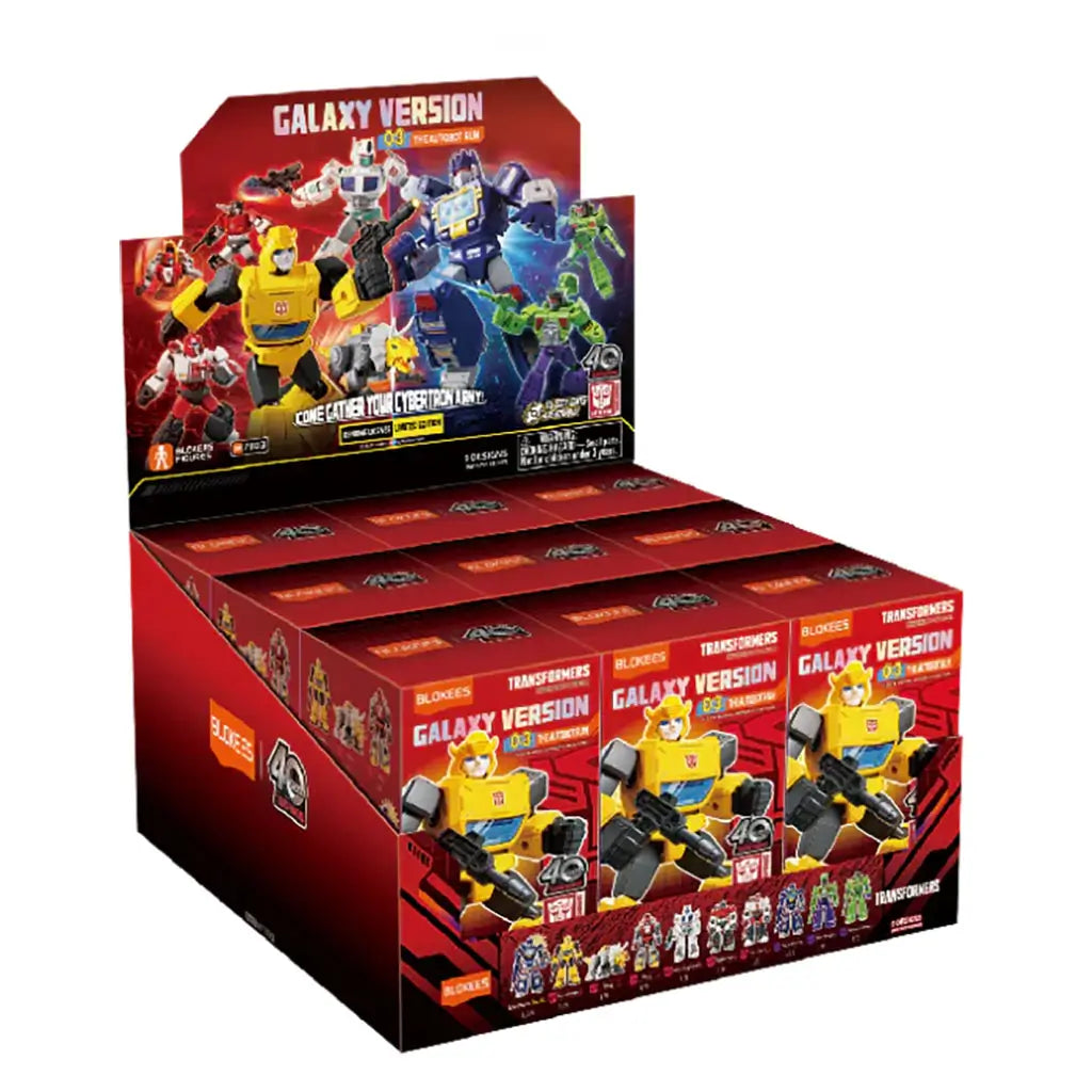 Display box of Blokees Transformers Galaxy Version 03 The Autobot Run series featuring red packaging design with multiple collectible blind boxes and robot character artwork.