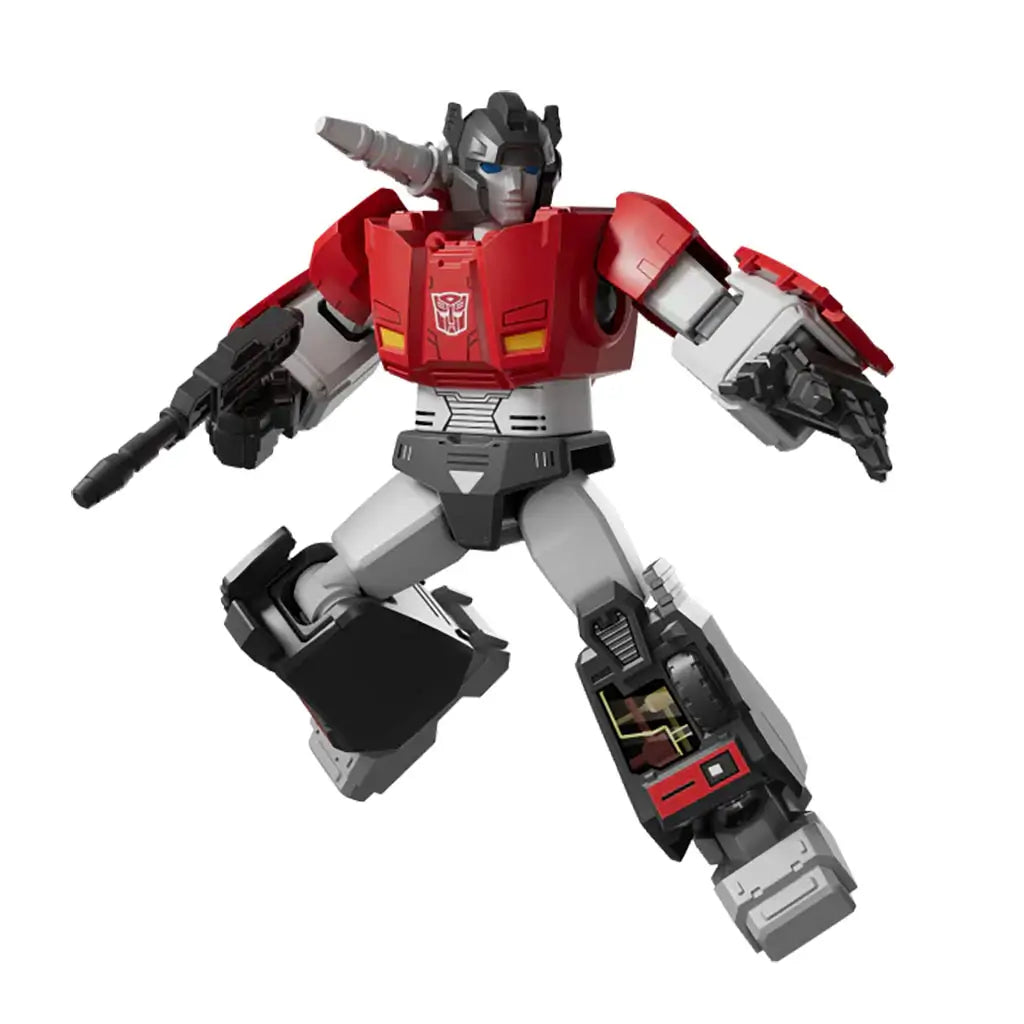 Detailed Blokees Transformers action figure featuring red, gray, and black colors with a dynamic pose and weapon accessories, highlighting intricate robot design and articulation.
