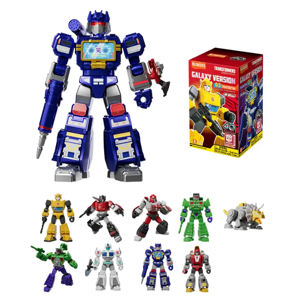 Blokees Transformers Galaxy Version 03 The Autobot Run collectible figures set, showcasing colorful robot characters in blue, yellow, and red with themed blind box packaging.