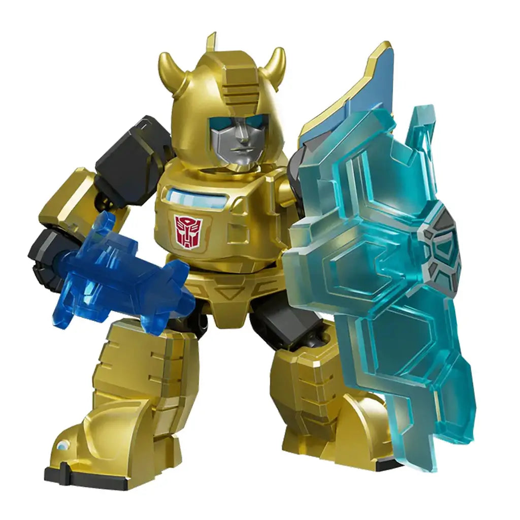Golden Bumblebee Transformers toy holding blue translucent blaster and shield, metallic armor shimmering under light, ready in battle pose on white background.