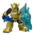 Golden Bumblebee Transformers toy holding blue translucent blaster and shield, metallic armor shimmering under light, ready in battle pose on white background.
