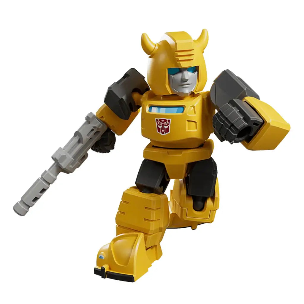 Yellow and black Transformers toy robot resembling Bumblebee, holding a gray blaster and posed dynamically, showcasing vibrant color contrast and compact design.