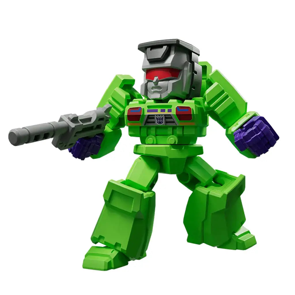 Bright green Transformers Decepticon robot toy with purple fists and gray head, armed with a sci-fi blaster and posed aggressively on a white studio background.