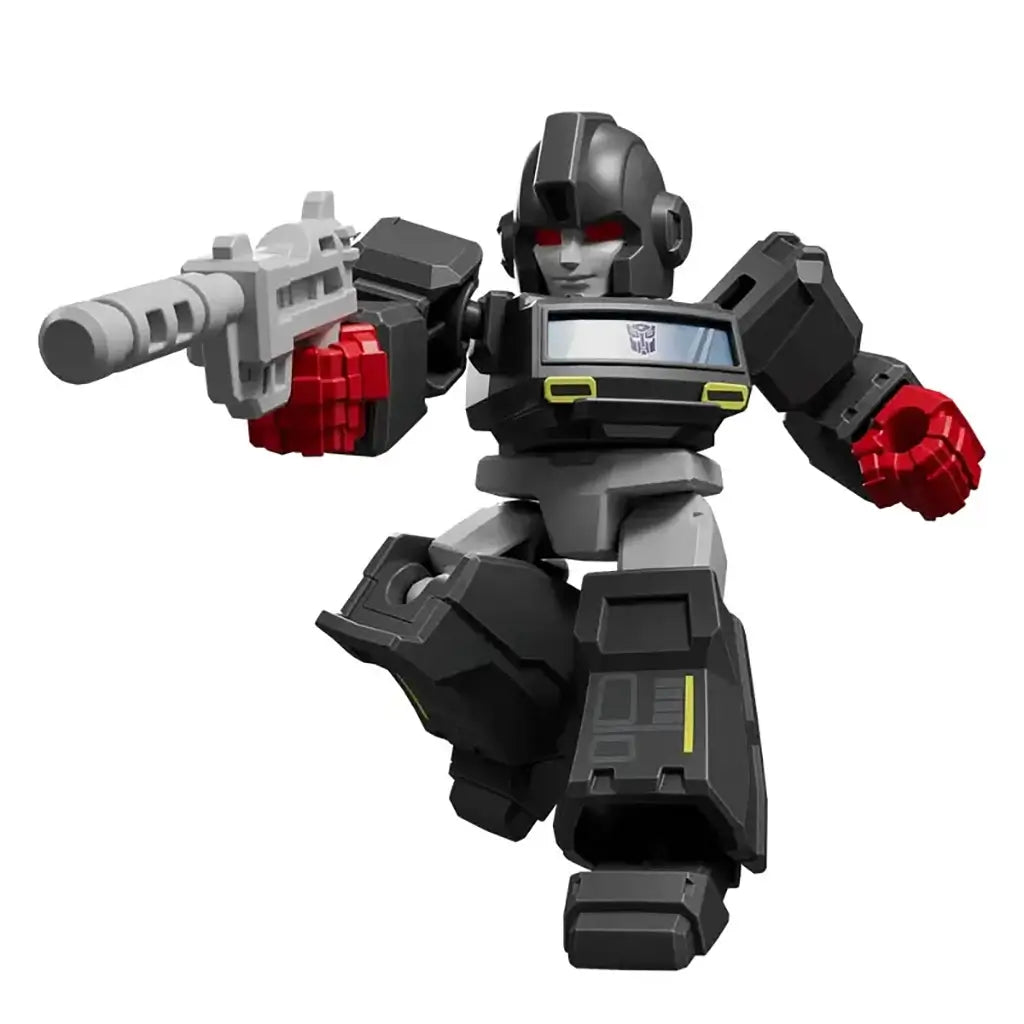 Hasbro Transformers collectible toy figure featuring a black and gray robot with red hands and blaster, dynamic pose highlighting mechanical design and futuristic weapon detail.