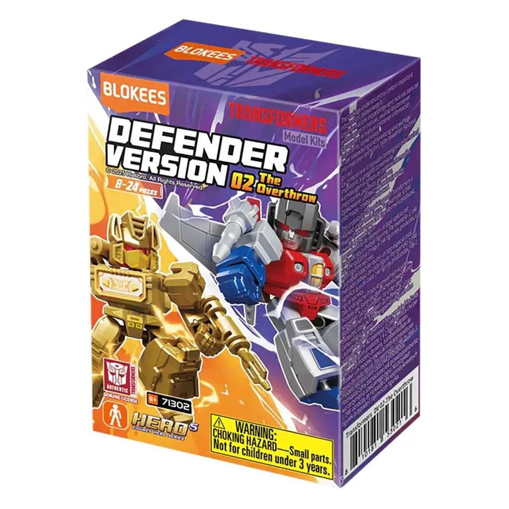 Blokees Transformers ‘Defender Version 02 The Overthrow’ toy packaging showing golden and silver robot figures, purple background, product branding, and safety warning label.