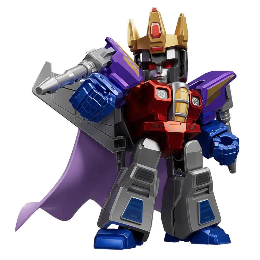 Hasbro Transformers collectible toy figure with gold and red mechanical design, wearing a crown and purple cape, striking a powerful pose as leader on white background.