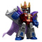 Hasbro Transformers collectible toy figure with gold and red mechanical design, wearing a crown and purple cape, striking a powerful pose as leader on white background.