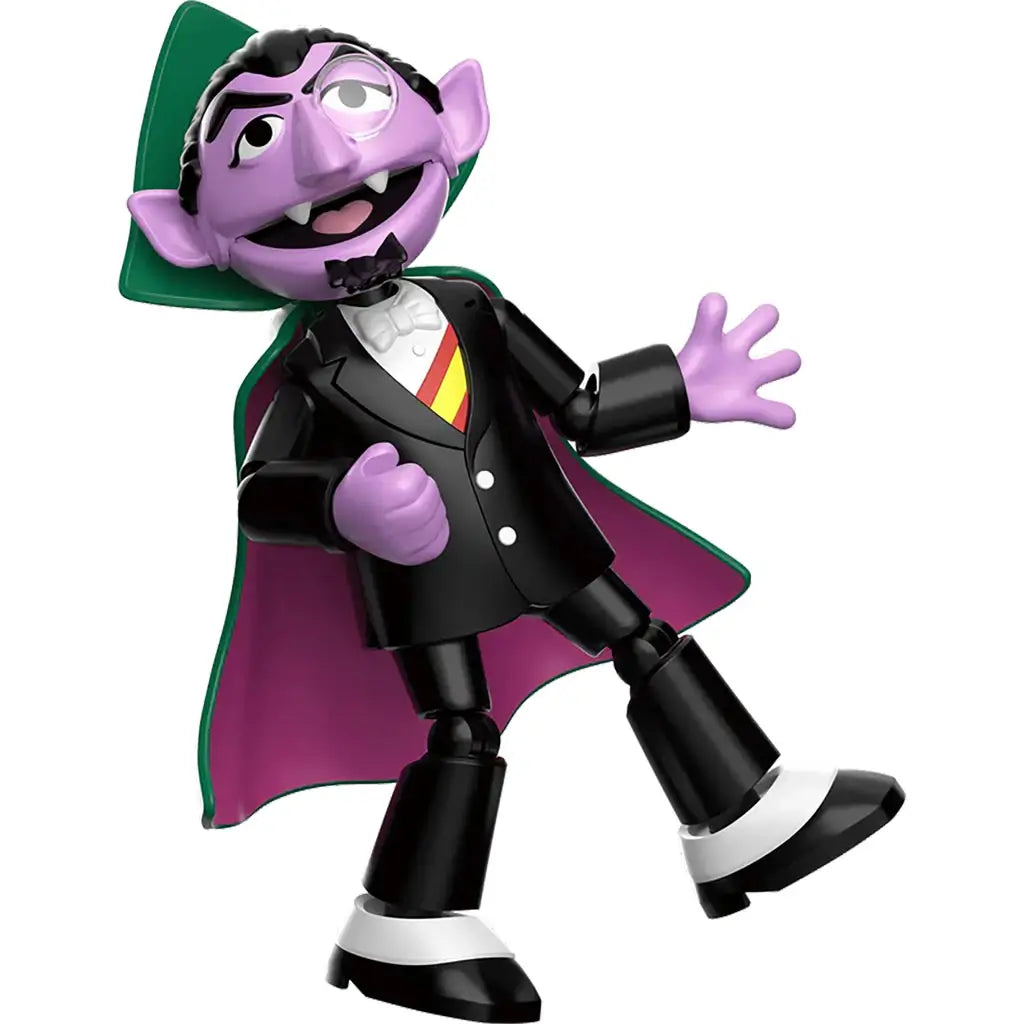 Blokees Count Von Count toy figure with multiple articulated joints, shown with cape accessory and interactive play options.