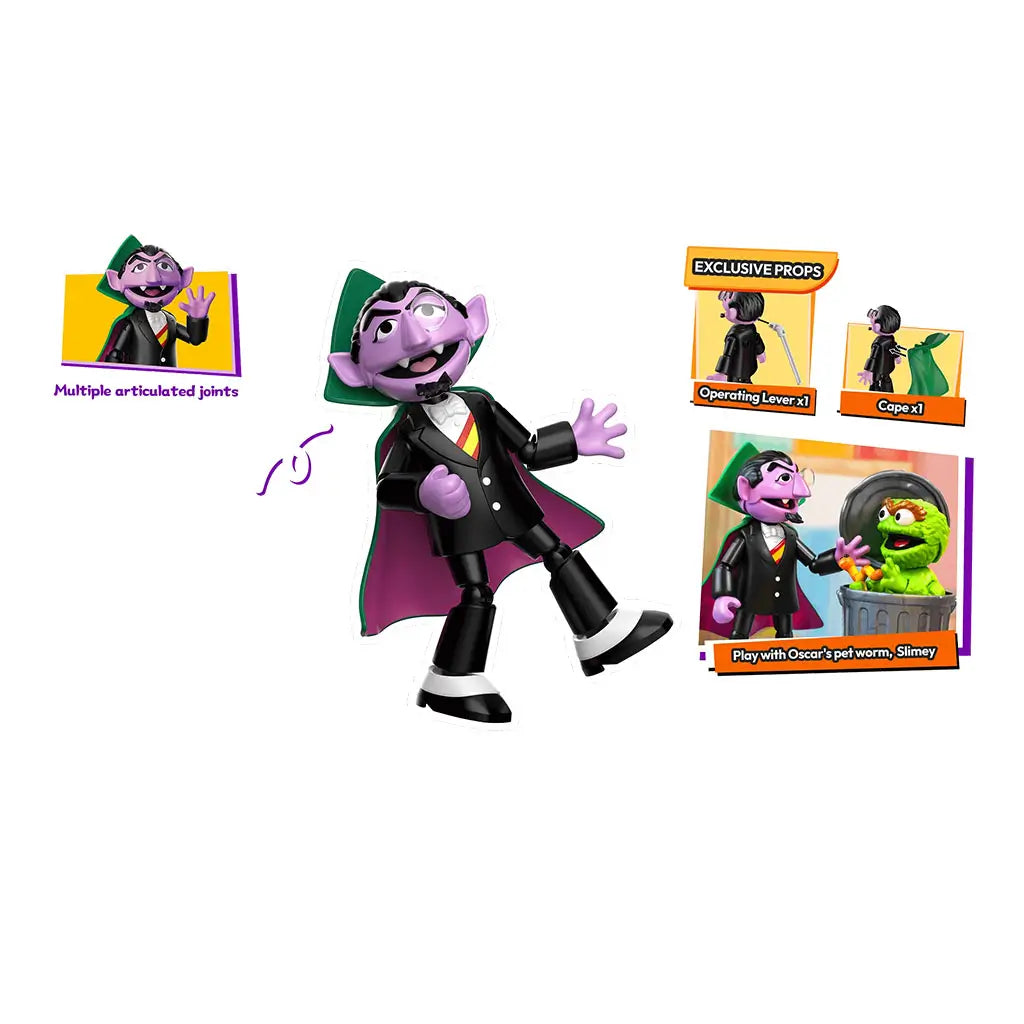 Blokees Sesame Street Count Von Count articulated figure with green-lined purple cape, wearing a black tuxedo and smiling expression.