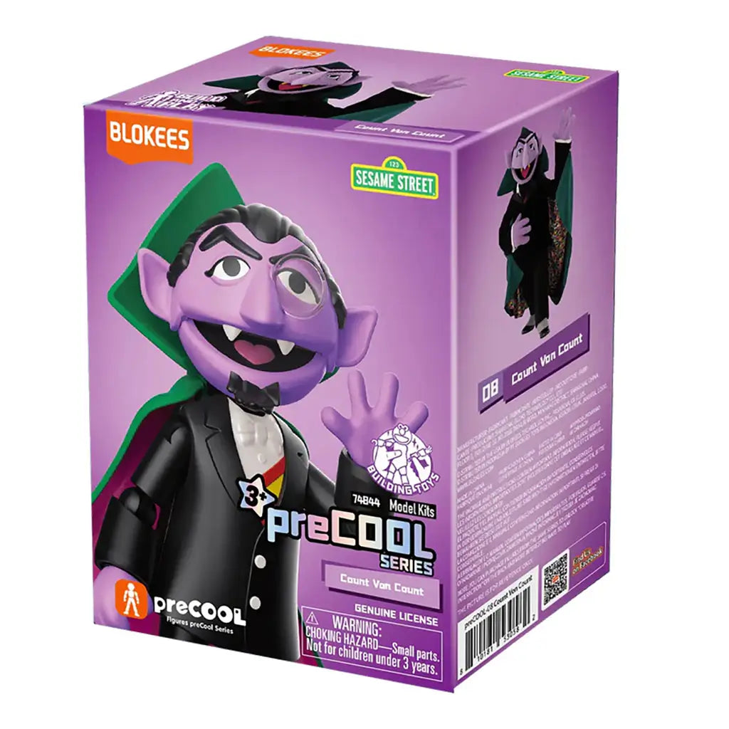 Blokees Sesame Street Count Von Count “preCOOL Series” model kit box featuring the purple vampire Muppet in his tuxedo and green-lined cape on a purple background.