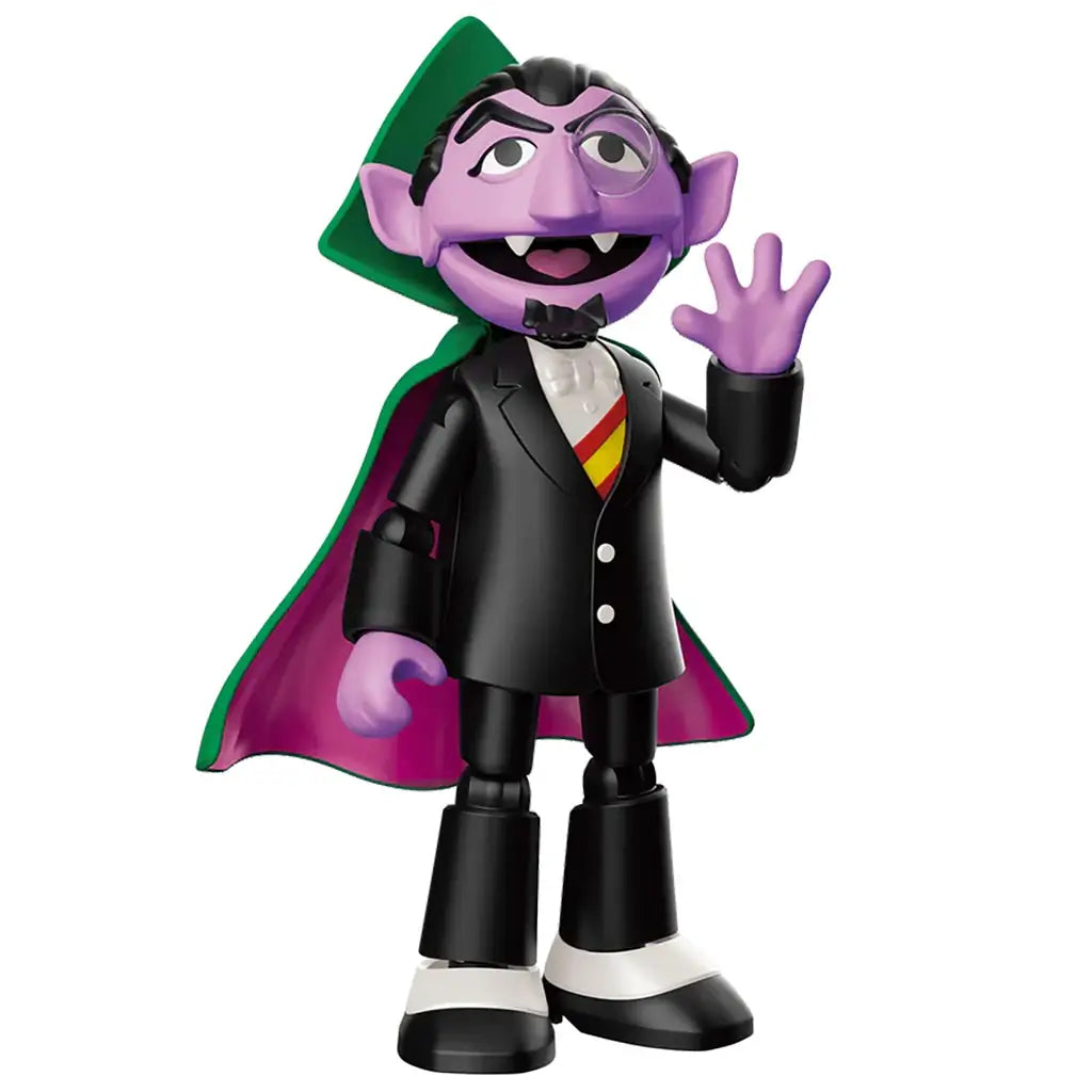 Blokees Count Von Count toy figure in black tuxedo and bowtie with purple skin, black hair, and signature green-lined cape.