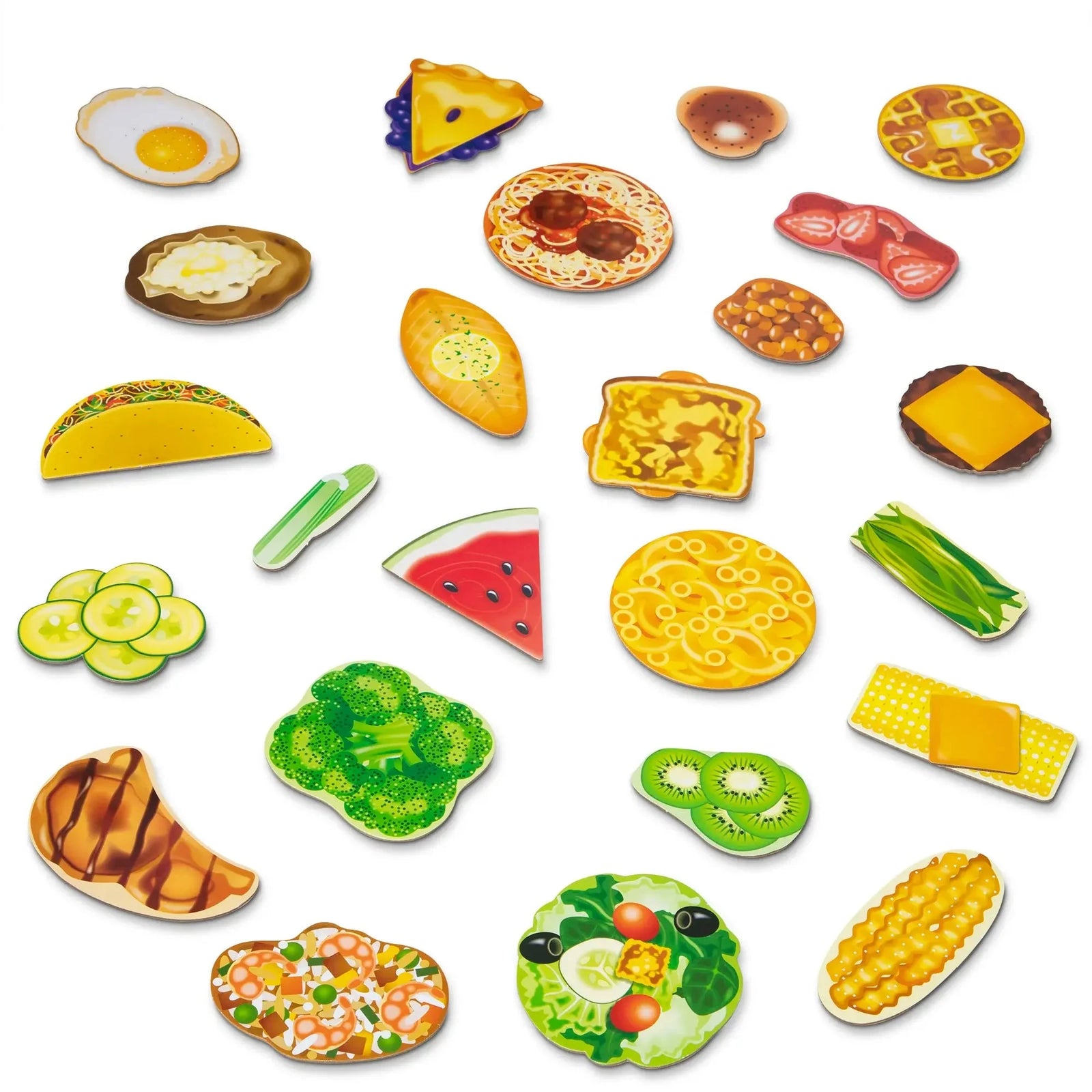 Assorted wooden play food pieces from a Blue’s Clues cooking set, featuring items like eggs, pizza, watermelon, mac and cheese, broccoli, and more.