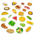 Assorted wooden play food pieces from a Blue’s Clues cooking set, featuring items like eggs, pizza, watermelon, mac and cheese, broccoli, and more.