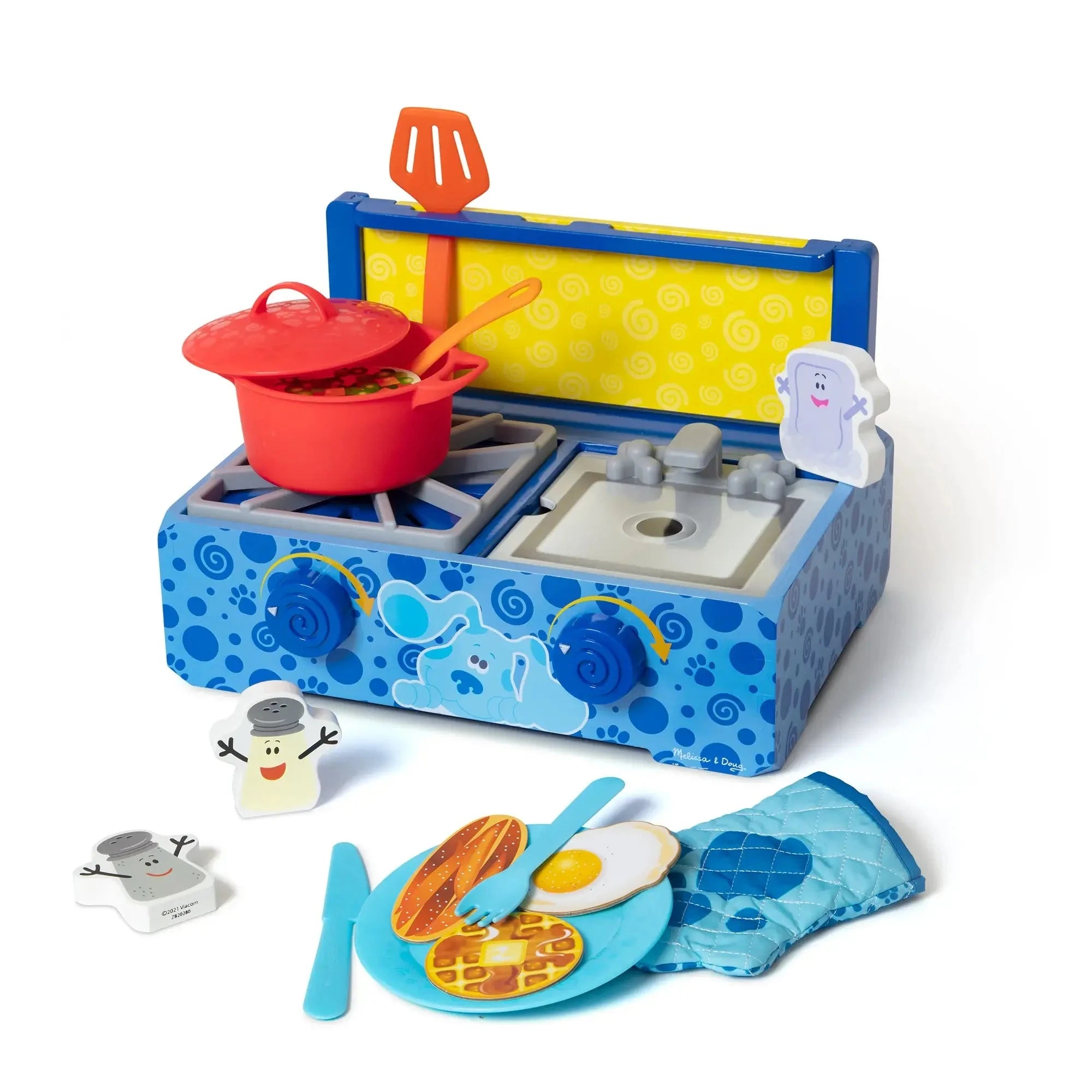 Blue’s Clues-themed wooden toy kitchen set with stove, sink, red pot, utensils, food pieces, and playful characters like Salt, Pepper, and Blue.