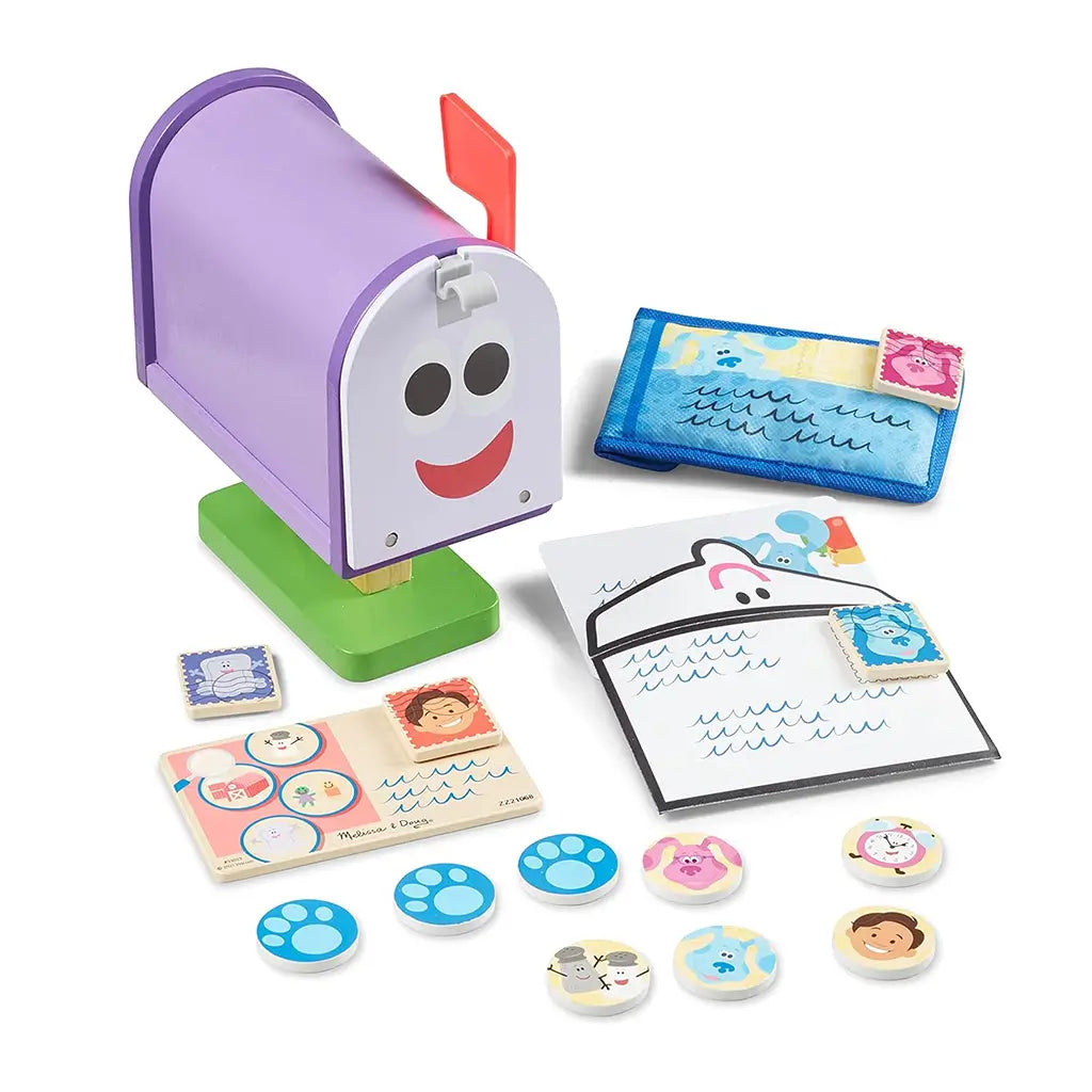 Full Melissa & Doug Blue’s Clues & You! wooden mailbox play set including mailbox, envelopes, wooden stamps, letters, and character tokens, designed for pretend mail-sorting and counting fun.