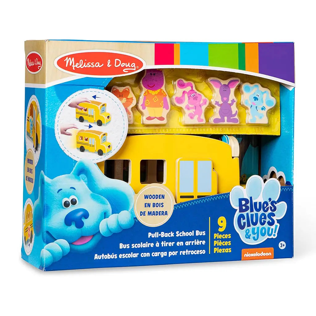 Boxed Melissa & Doug Blue’s Clues & You! wooden pull-back school bus set featuring Blue and friends, designed for imaginative transport play and preschool learning fun with nine wooden pieces.