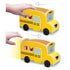 Demonstration of Melissa & Doug Blue’s Clues & You! wooden school bus showing pull-back and release motion for active play, encouraging motor skills and cause-and-effect learning.
