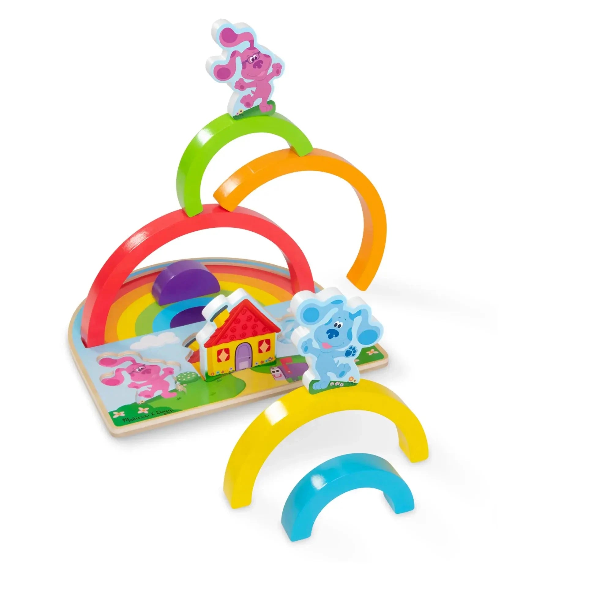 Fully assembled Melissa & Doug Blue’s Clues puzzle with rainbow arches stacked vertically and character pieces positioned on and around the vibrant play board.