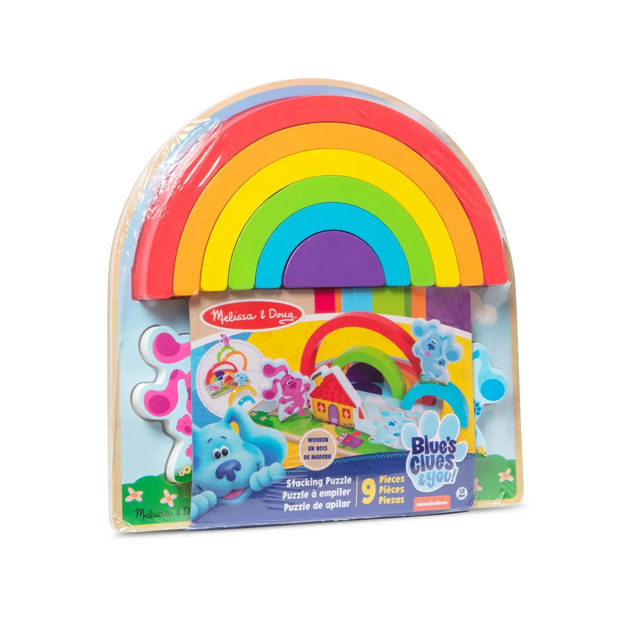Packaged Melissa & Doug Blue’s Clues stacking puzzle featuring nine colorful wooden pieces, including a rainbow, Blue and Magenta, and a cartoon house scene.