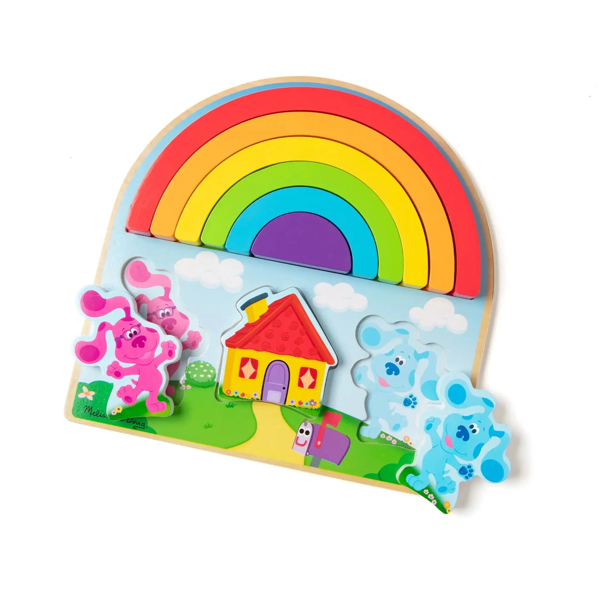 Wooden Melissa & Doug Blue’s Clues puzzle with a vibrant rainbow, Blue and Magenta figures, and a cartoon house on a sky and grass-themed background board.