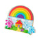 Wooden Melissa & Doug Blue’s Clues puzzle with a vibrant rainbow, Blue and Magenta figures, and a cartoon house on a sky and grass-themed background board.