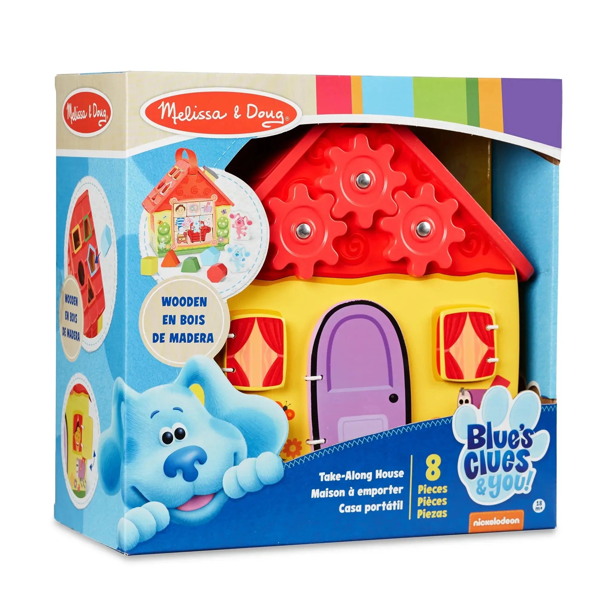 Packaging of Melissa & Doug Blue’s Clues wooden take-along house featuring shape sorter, puzzle blocks, gears, and character pieces; includes 8 total pieces.