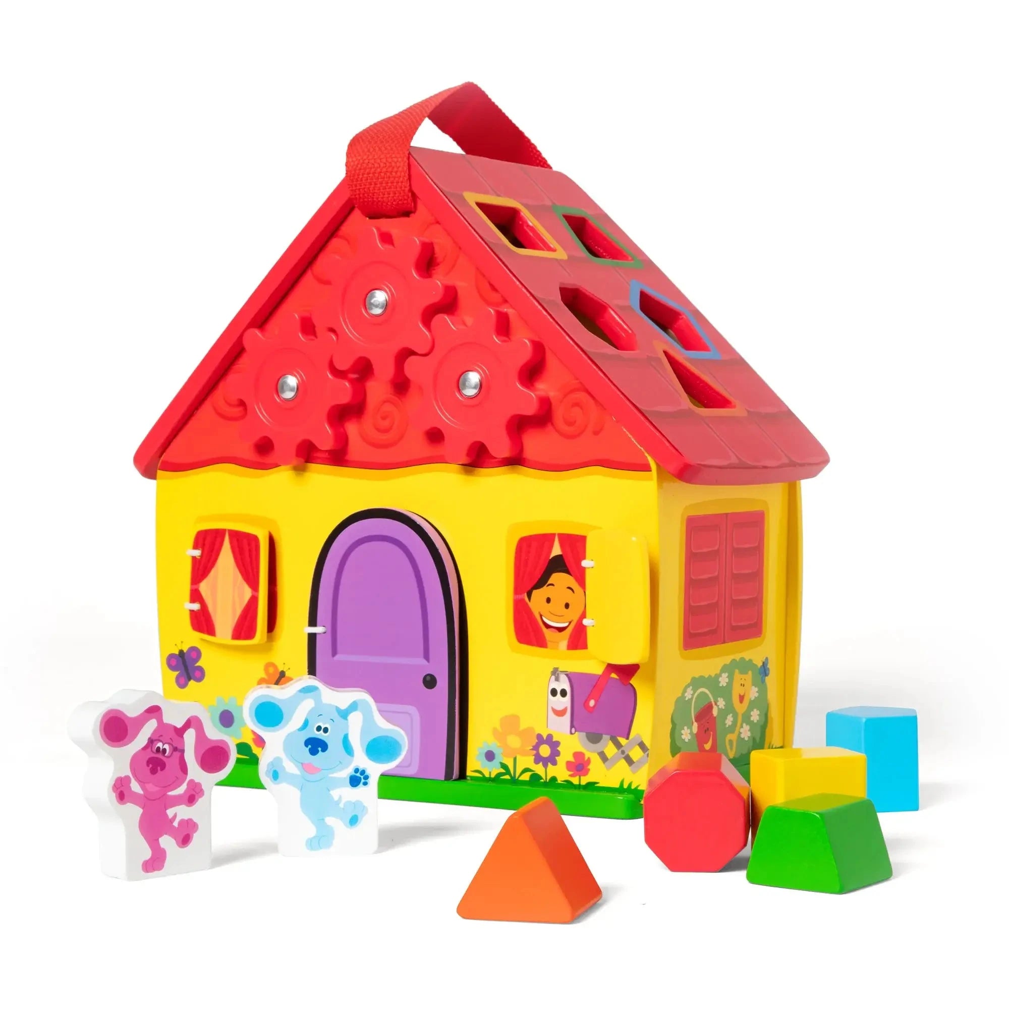 Blue’s Clues wooden take-along house toy with shape sorter roof, colorful geometric blocks, spinning gears, and character figures Blue and Magenta for toddlers.