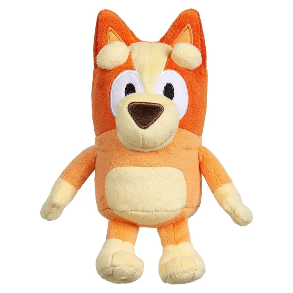 Bingo plush toy in warm orange and cream fabric shows a soft rounded dog shape with large embroidered eyes, smooth velvety texture, and outstretched limbs posed clearly on a plain white background.
