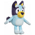 Bluey plush toy made of velvety blue and navy fabric appears in a three-quarter view highlighting its yellow muzzle, tall ears, stitched belly patch, and soft limbs posed on a clean white background.