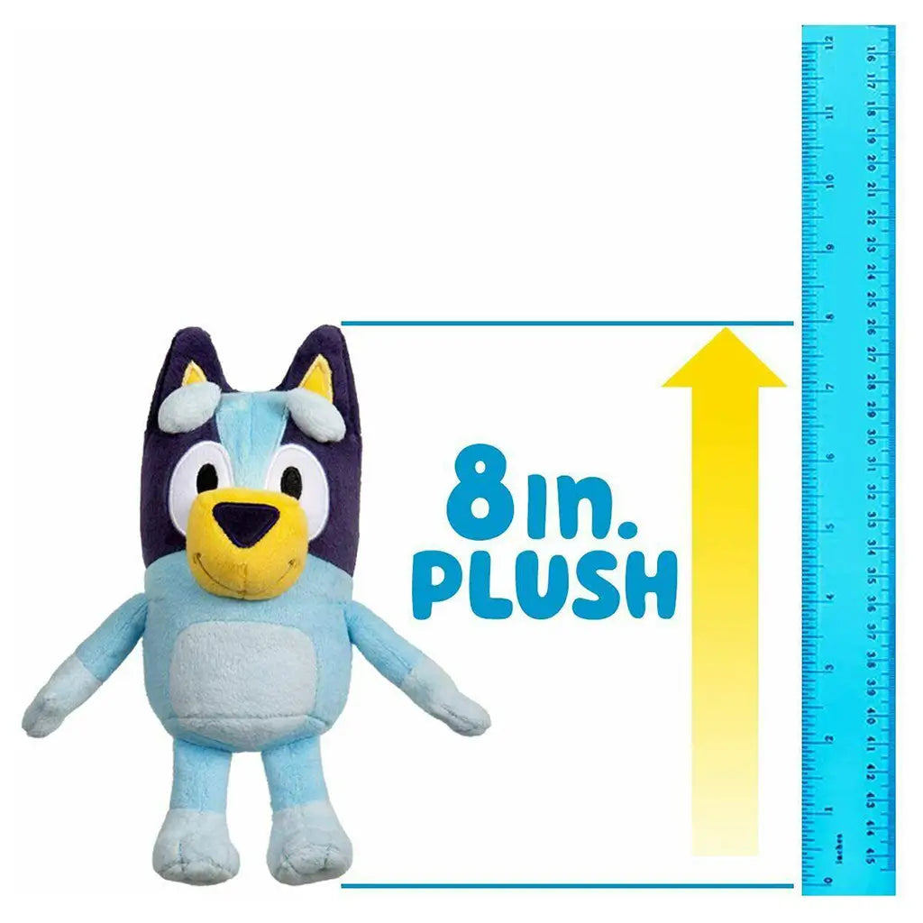 Bluey plush toy in light-blue and navy fabric is shown beside a blue ruler and an arrow graphic indicating its eight-inch height, emphasizing its compact size, soft texture, and rounded cartoon styling.