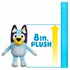 Bluey plush toy in light-blue and navy fabric is shown beside a blue ruler and an arrow graphic indicating its eight-inch height, emphasizing its compact size, soft texture, and rounded cartoon styling.