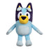 Bluey plush toy in soft light-blue and navy fabric shows a rounded dog shape with a bright yellow muzzle, large embroidered eyes, and outstretched limbs displayed clearly against a plain white backdrop.