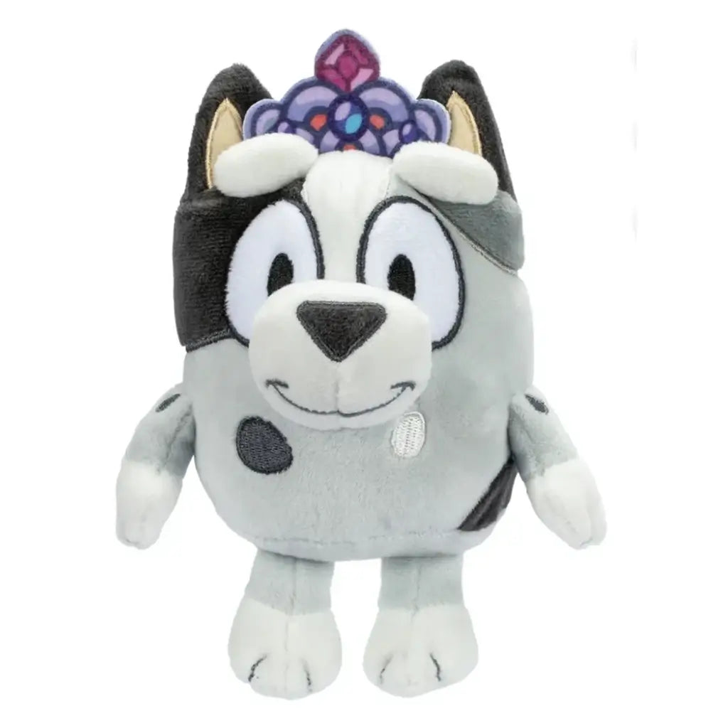 Princess Muffin plush toy in soft grey and white fabric features a rounded dog shape with playful embroidered spots, a colorful jeweled tiara, and short limbs posed neatly against a plain white background.