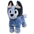 Bluey Socks plush toy made of velvety blue fabric appears in a three-quarter view showing its rounded muzzle, tall ears, and short legs, highlighting playful cartoon styling on a plain white backdrop.