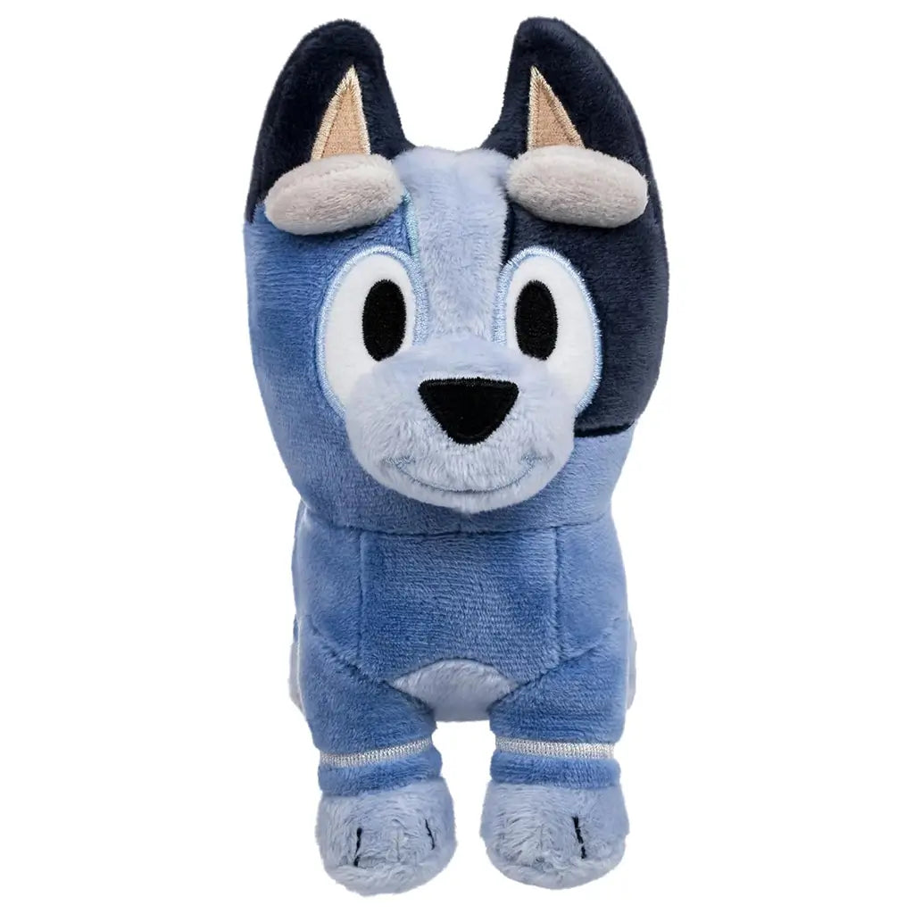 Bluey Socks plush toy in soft light-blue and navy fabric features a small upright dog form with large embroidered eyes and a smooth velvety texture, shown centered against a clean white background.